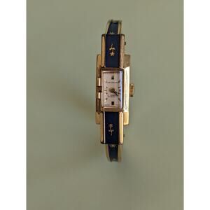 FLAW Vintage Ritma Manual Gold Tone Bangle Watch with Blue Enamel and Flowers